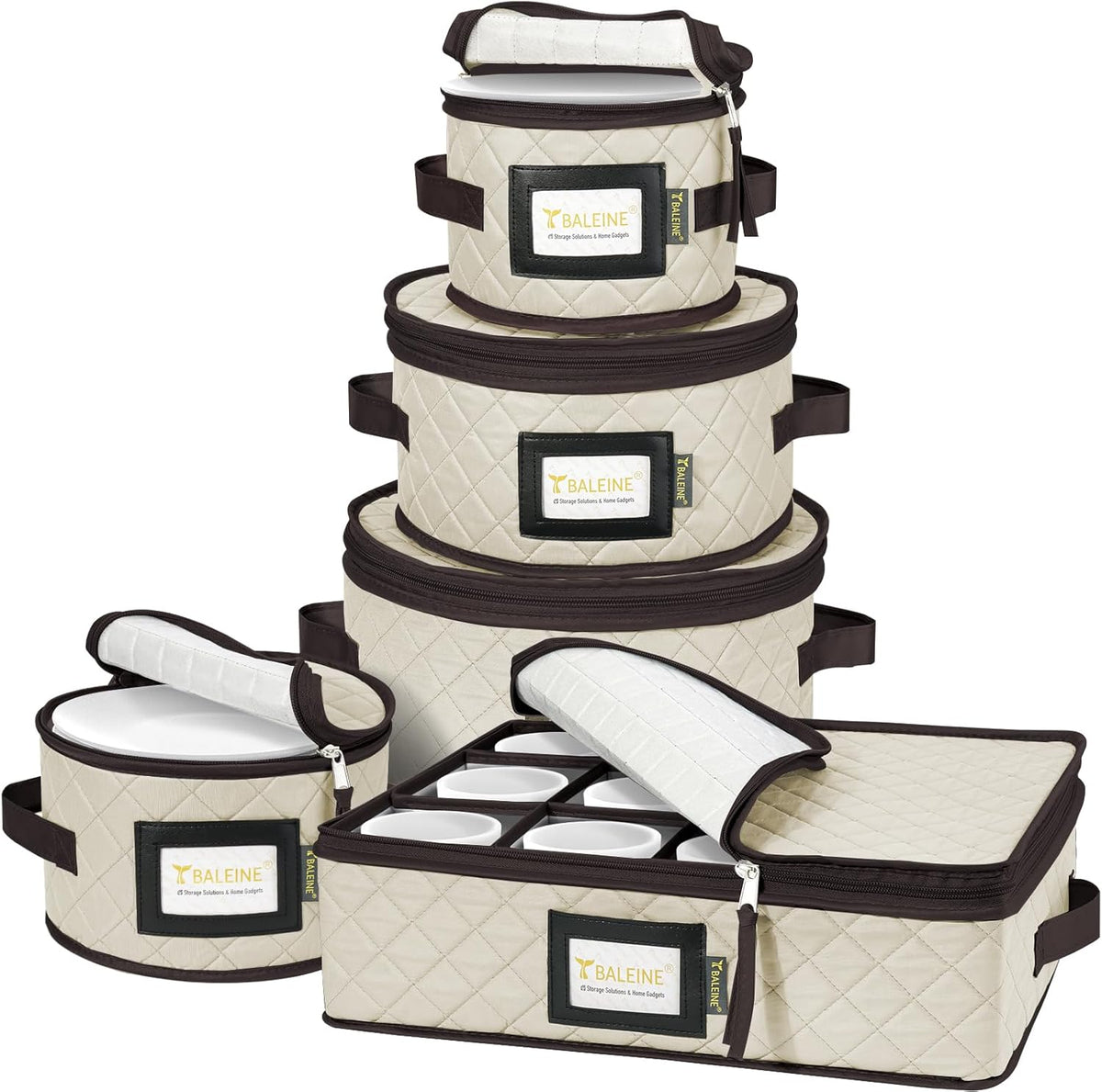 BALEINE China Storage Containers, Sturdy Quilted Wine Glass Storage, Plate Organizer with Carry Handles, Moving Boxes for Dishes, Cups