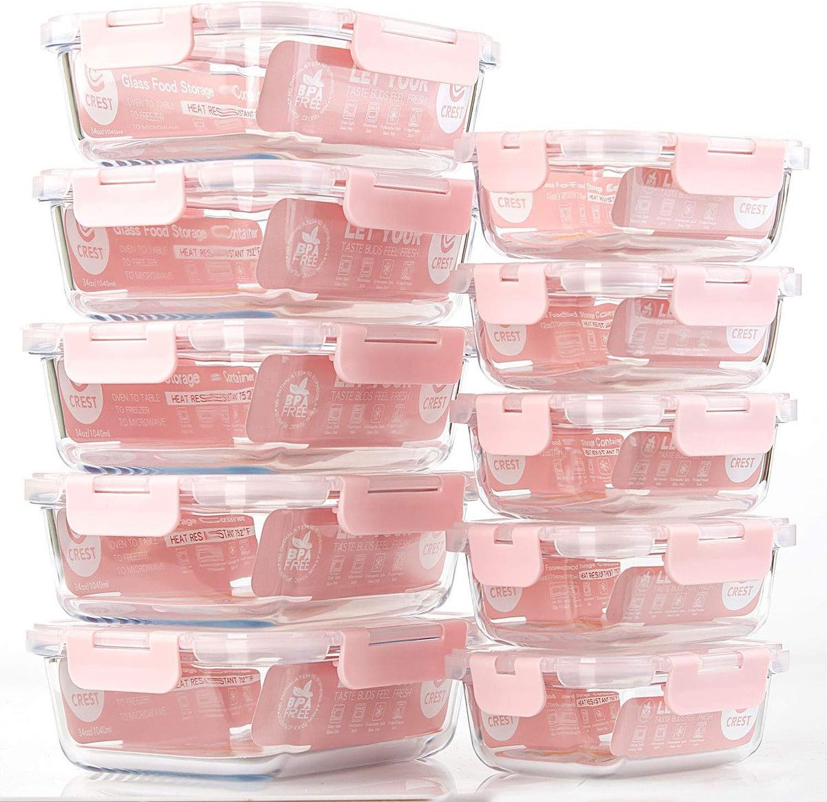 C Crest 10 Pack Glass Meal Prep Containers, Food Storage Containers with Lids Airtight, Glass Lunch Boxes, Microwave, Oven