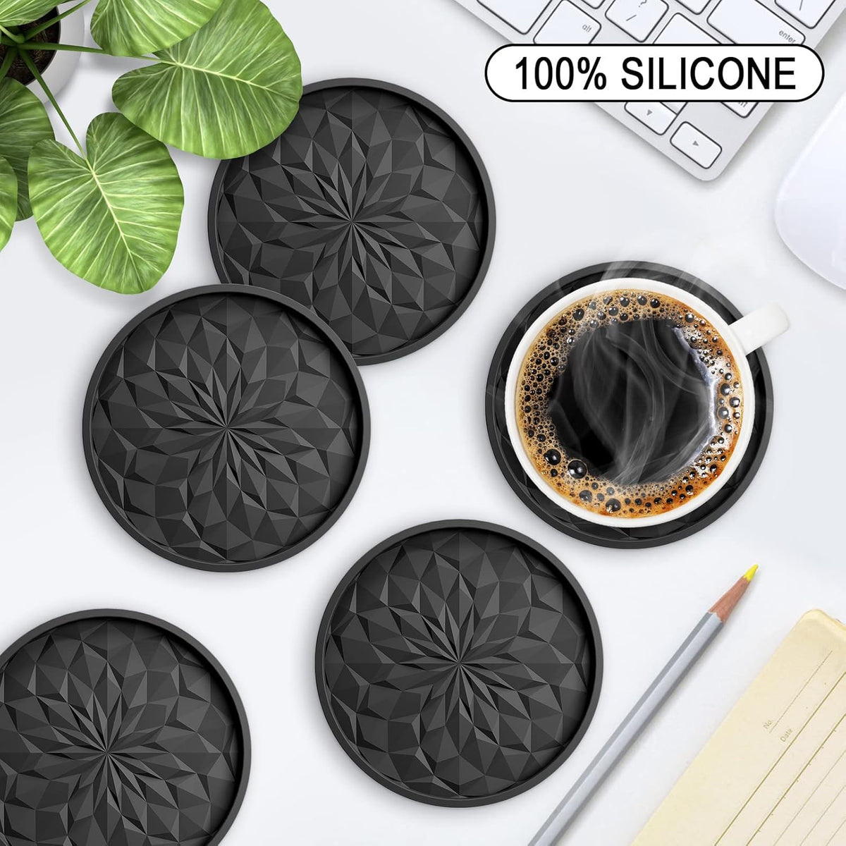 ME.FAN Silicone Coasters with Holder,6 Pack Drinking Coasters - Cup Mat for Hot or Cold Drinks, Thickened, Non-Slip, Non-Stick, Deep Tray Black