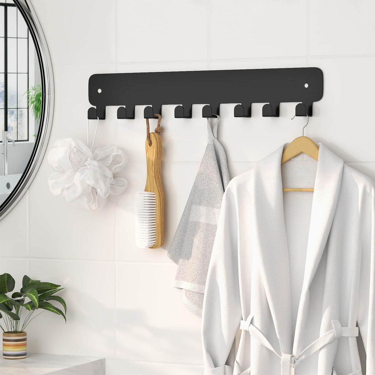 pickpiff Key Holder Wall Mount, Adhesive Key Rack with 8 Hooks Hanger for Car Key Ring, Metal Key Chain Organizer, Black 1 Pack