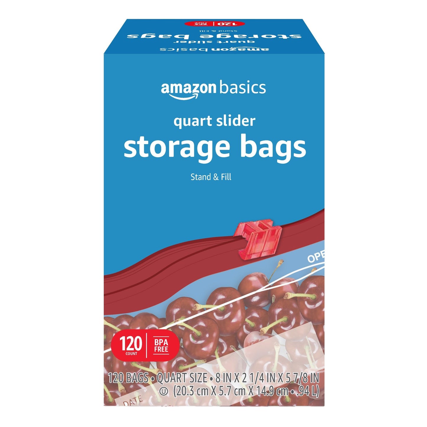 Basics Slider Quart Food Storage Bags with Stand-Up Bottom, Easy to Fill, BPA Free, 120 Count (Previously Solimo)