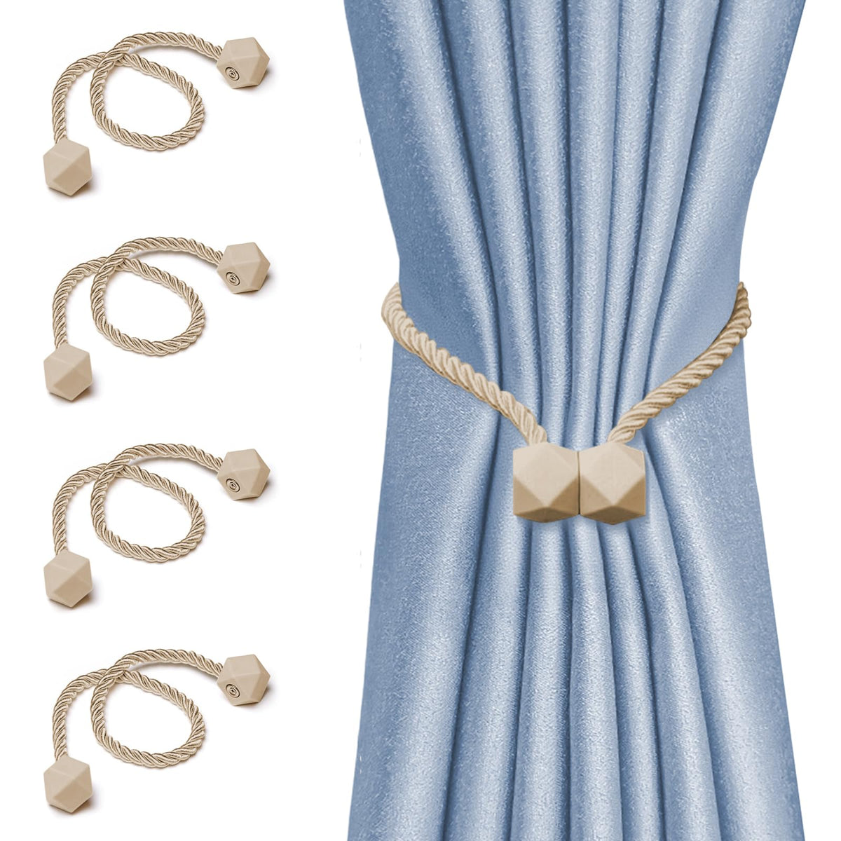 4Pack-Magnetic Curtain Tie Backs - Reinforced Thick Twist Rope with Strong Neodymium Magnets - Decorative Handmade Drapery Holders for Windows