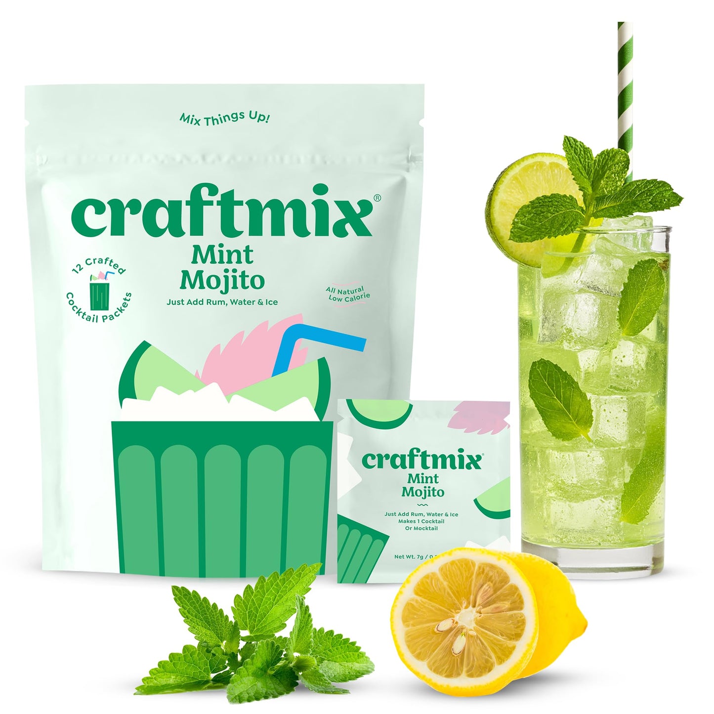Craftmix Mint Mojito Cocktail & Mocktail Drink Mixer, Skinny Mixes - Water Flavoring Packets - Made With Real Fruit - Vegan Low-Carb, Low-Sugar, Non-GMO, Dairy Free, Gluten Free, 12 Pack