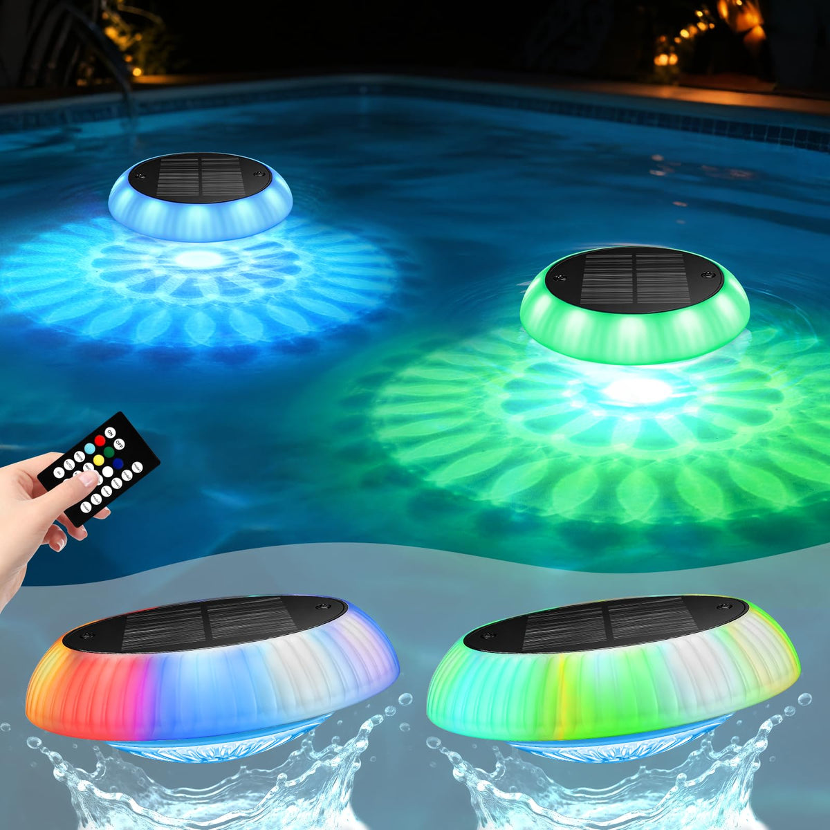 Yogaret Solar Floating Pool Lights - Pool Lights, 18 RGB Lighting Modes, IP68 Waterproof, for Inground and Above Ground Pool, Pool Party, Bathroom, Bathtub, Garden, Pond Decor(2Pcs)