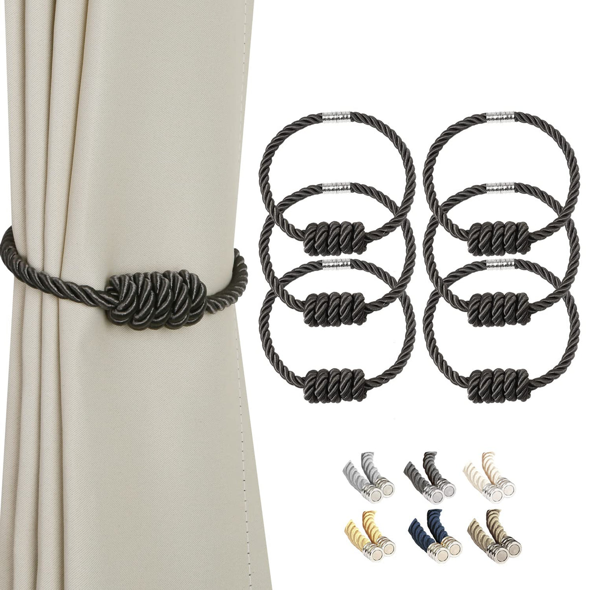 BEL AVENIR Magnetic Curtain Tiebacks, Decorative Drapery Holdbacks Modern Woven Tie-Backs with Exquisite Knot (Charcoal, 6 Pack)