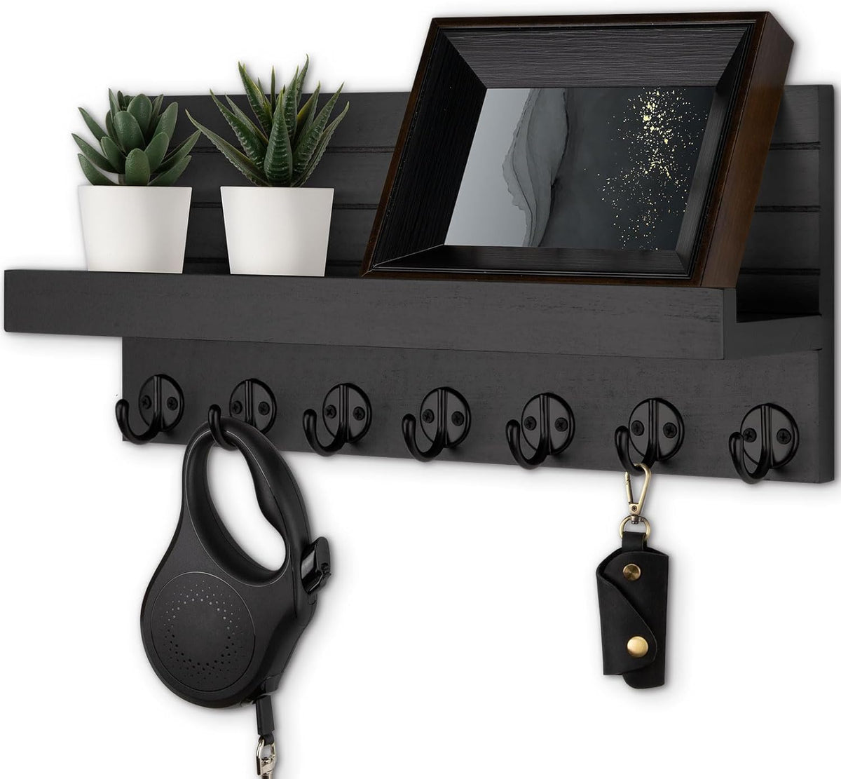 Key Holder Wall Mount, Entryway Key and Mail Holder with 7 Sturdy Hooks for Sunglasses, Dog Leash, Decorative Wall Shelf with Mounting Hardware, 15”W x 6.7”H x 4.2”D
