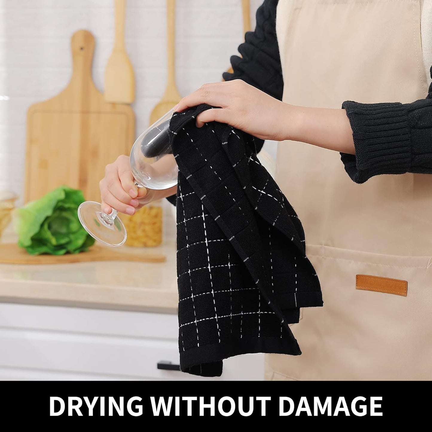 Homaxy 100% Cotton Terry Kitchen Towels(Black, 13 x 28 inches), Checkered Designed, Soft and Super Absorbent Dish Towels, 4 Pack | 100% Cotton Terry, Black, 13 x 28 inches, Checkered Designed, 4 Pack