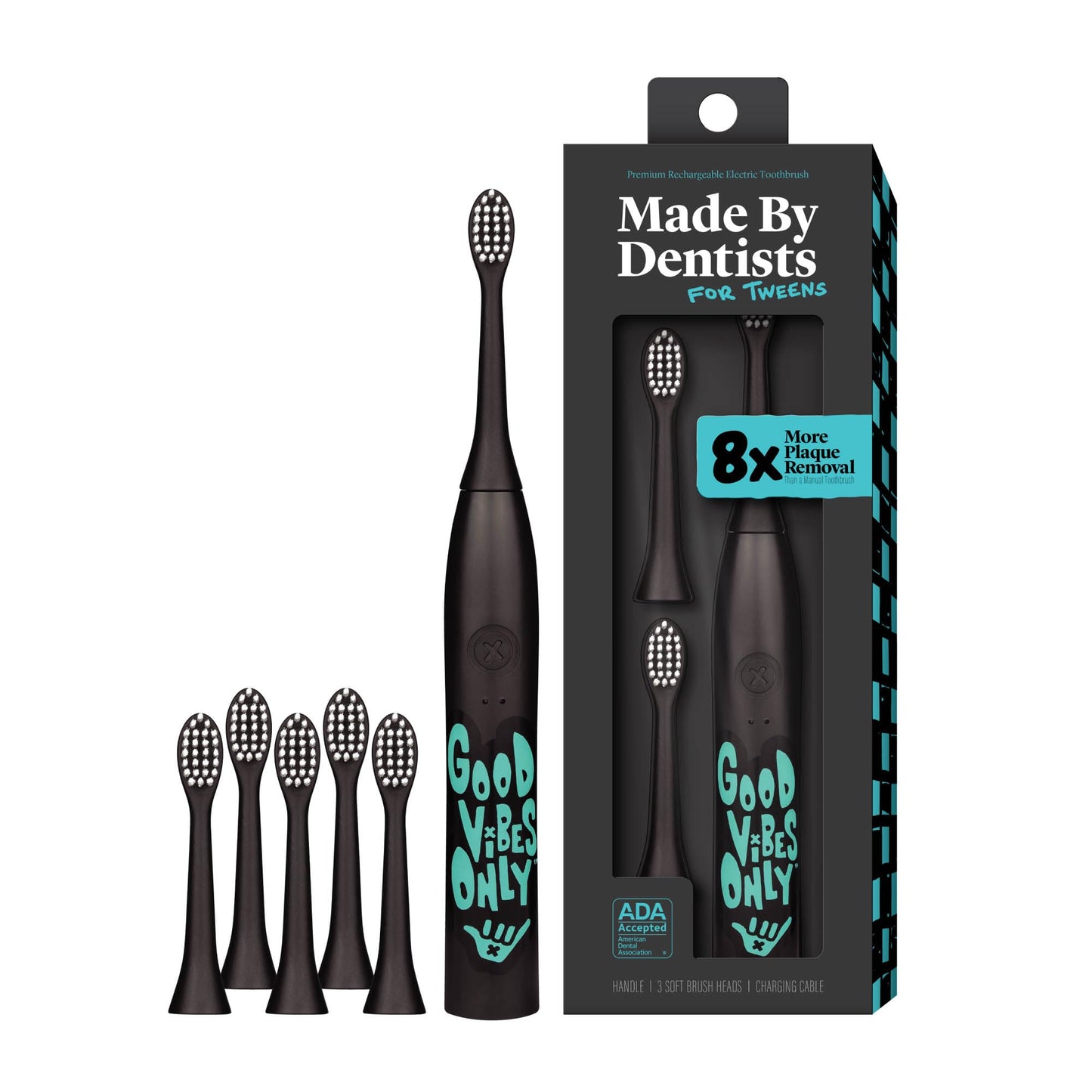 Made by Dentists Sonic X Electric Toothbrush – Rechargeable Kids Sonic Toothbrush, 8X Plaque Removal, 2 Speed Modes, 2-Minute Timer 6 Brush Heads Included, Tweens Ages 7+, Good Vibes Only Edition