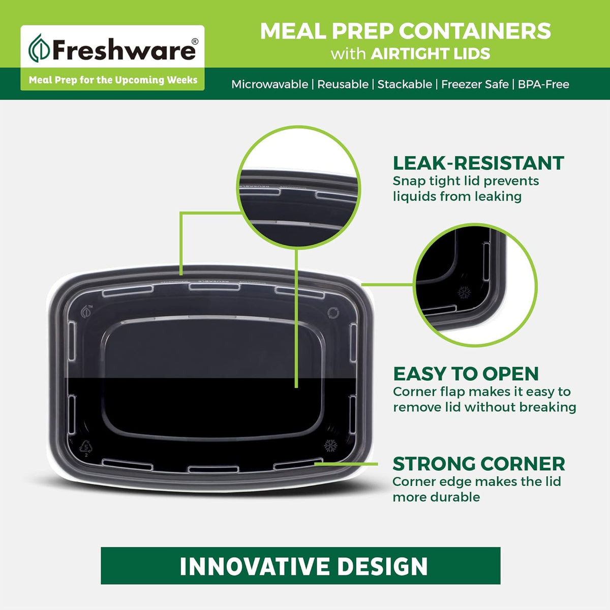 Freshware Meal Prep Containers 50 Pack 1 Compartment Food Storage Containers with Lids, Bento Box, BPA Free, Stackable