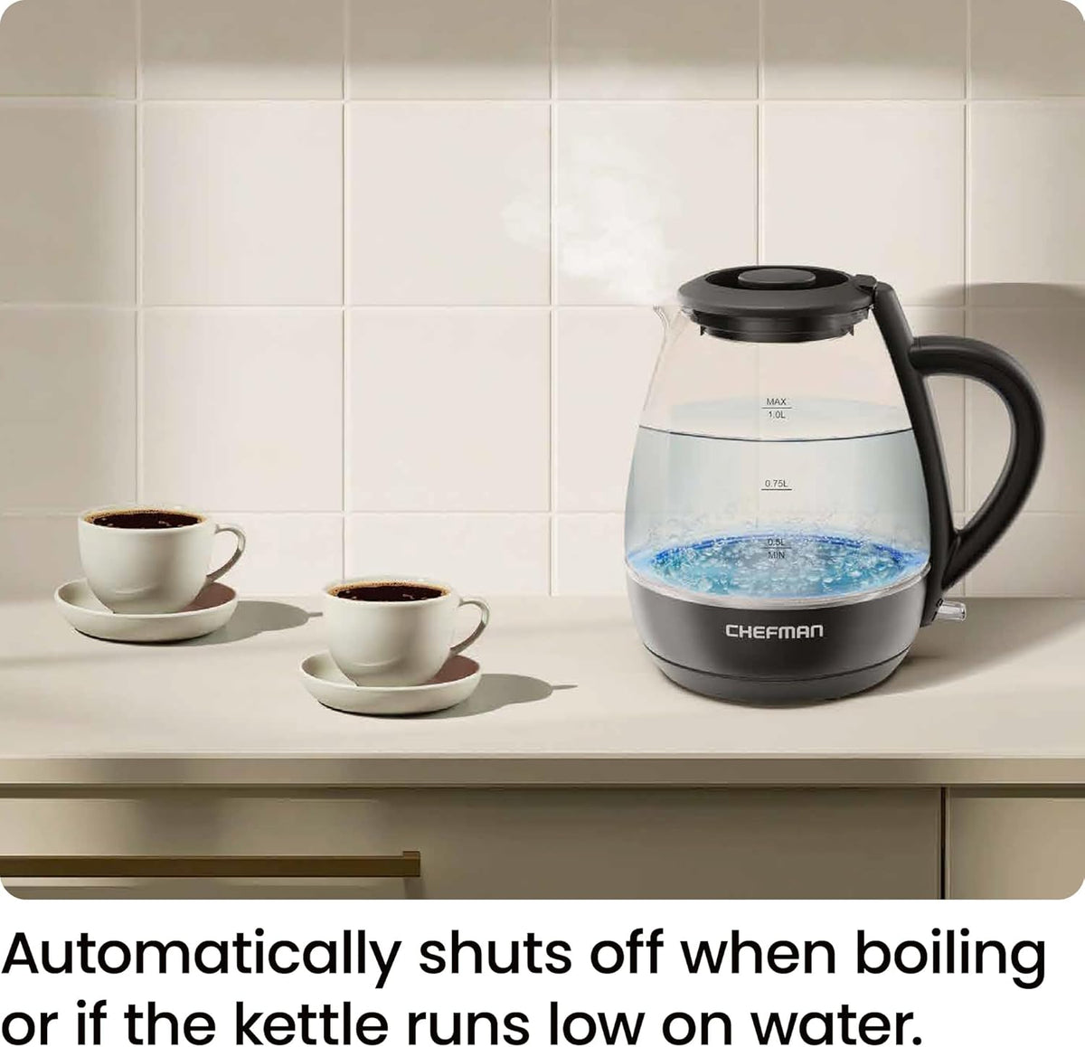 Chefman Electric Kettle with Tea Infuser, Compact 1L (4 Cups), 1500W, Removable Lid for Easy Cleaning, Boil-Dry Protection, Stainless Steel Filter