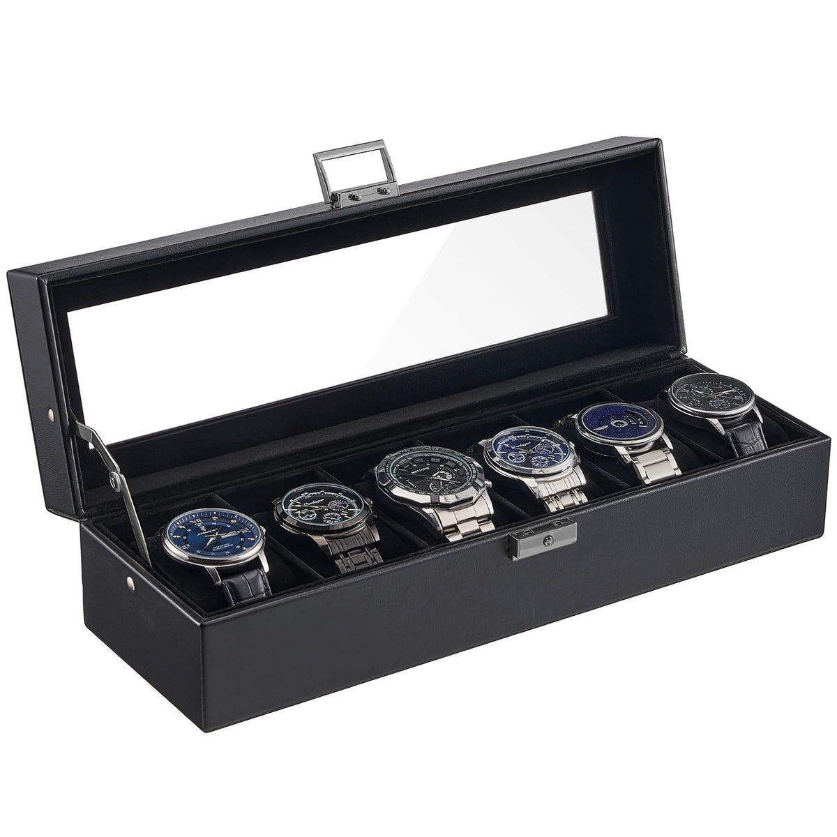 ProCase 6 Slot Watch Case Box for Men, PU leather Man Watch Organizer with Soft Pillow, Lockable Watch Collection Storage Holder with Glass Display Lid, Fathers Day Gift for Dad -AllBlack
