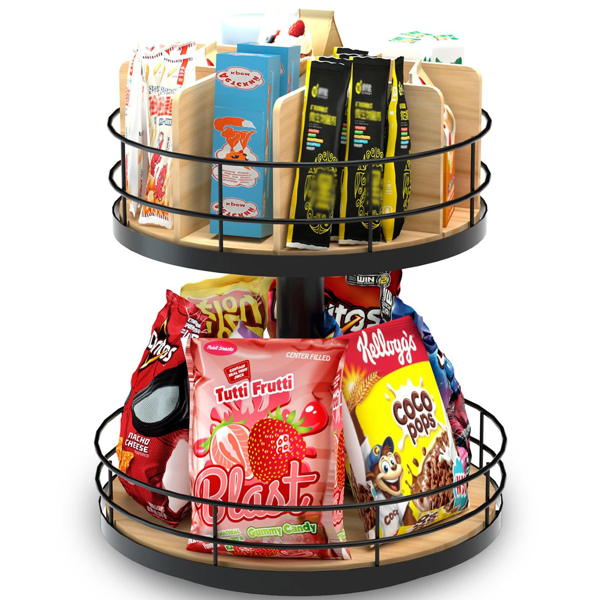 Snack Organizer - Versatile Snack Storage 2 Tier Lazy Susan with Convenient Grab-and-Go Design, Wood and Metal Snack Holder for Home, Office, Breakroom, 12.13" L x 12.13" W x 12.56" H
