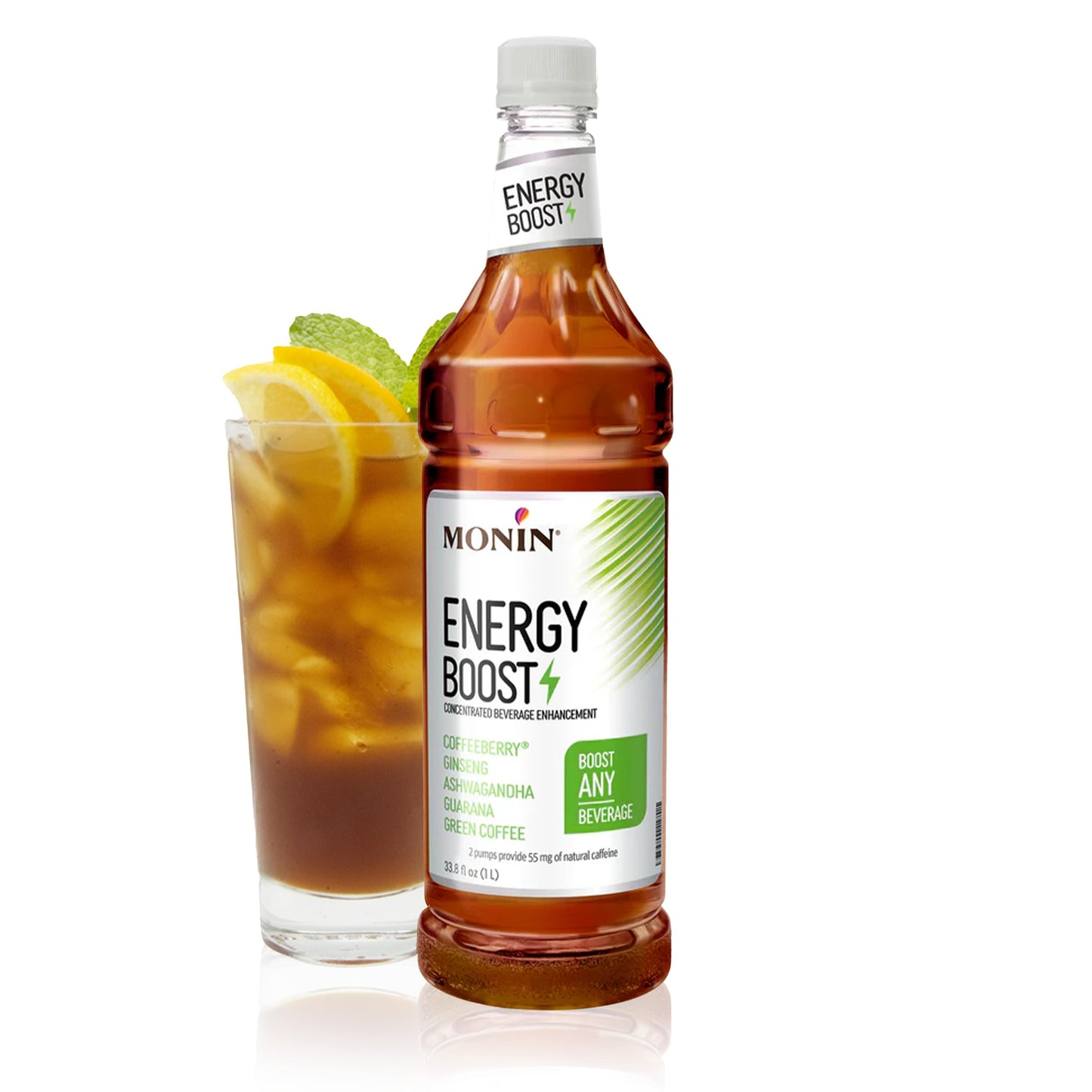 Monin - Energy Boost, Liquid Energy, Subtle Tea Flavor, Zero Added Sugar, Great for Coffee, Soda, & More, Low-Calorie, Contains Natural Caffeine, Gluten-Free, Clean Label (1 Liter + Pump)