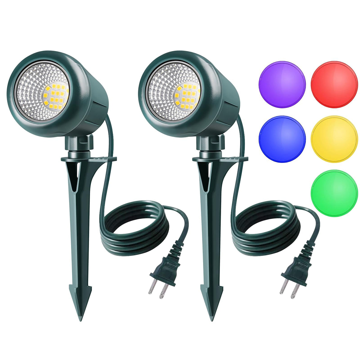 Halloween Spotlights Outdoor, 120V Plug-in Christmas Spot Light, 5000K LED Landscape Lighting with 5 Color Lenses (Red Green Blue Purple Yellow)