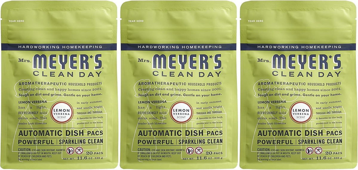 MRS. MEYER'S CLEAN DAY Automatic Dishwasher Pods, Lemon Verbena, 20 Count - Pack of 3 (60 Total Pods)