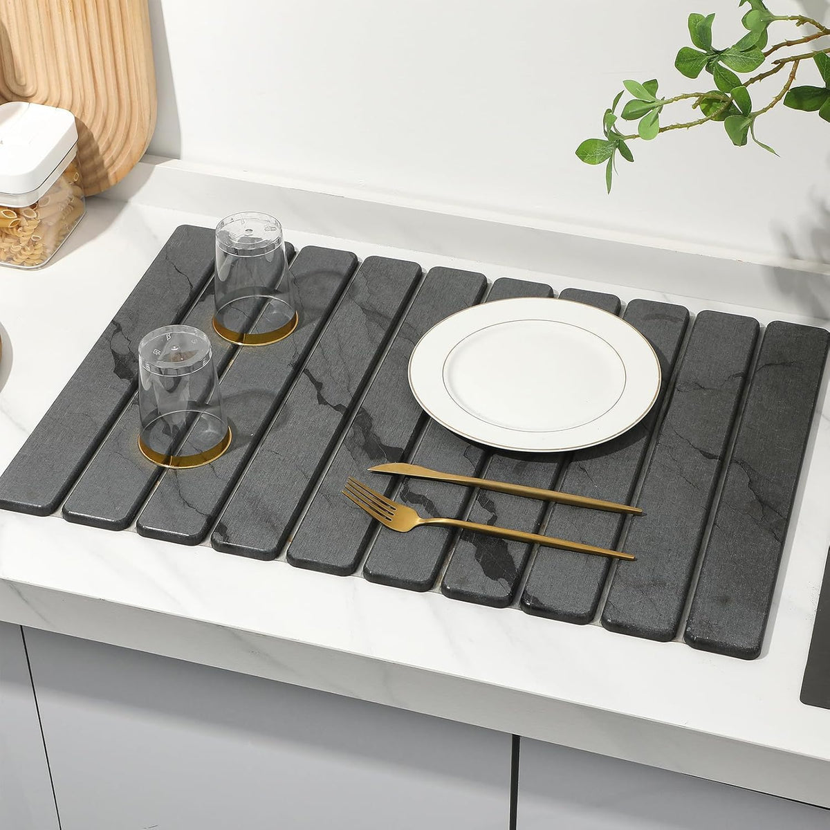 Large Stone Dish Drying Mat for Kitchen Counter,2 PCS Quick Dry Stone Dishes Mats,Foldable Water Absorbing Diatomaceous Earth Drying Pad for Countertop Bottles Utensils Cups(Dark Gray 24"×16" & 8"x4")