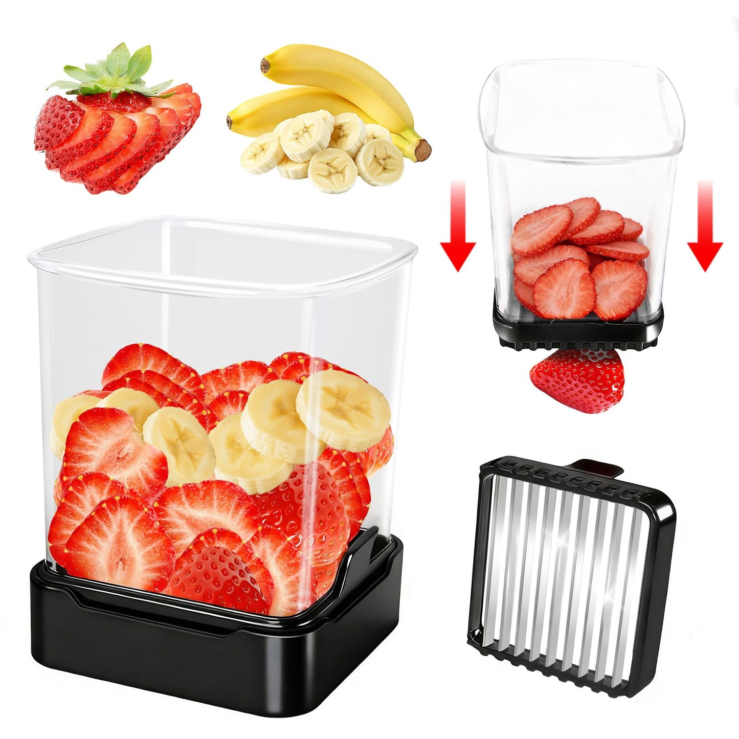 Fruit Slicer Cup for Strawberry, Banana, Hard-Boiled Egg - Detachable Cutter with Push Plate - 304 Stainless Steel Blade - Rapid & Safe Slicing Kitchen Gadget for Quick Meal Prep (Black)