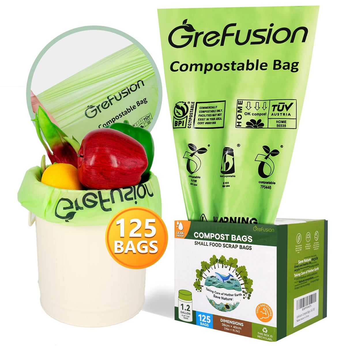GreFusion Compostable Bags 1.2 Gallon,125 Count, Fits 0.75,1,1.2,1.3,1.6,1.8 Gallon Countertop Bin, Small compost bags, Certified by BPI, ASTM D6400 and OK Compost