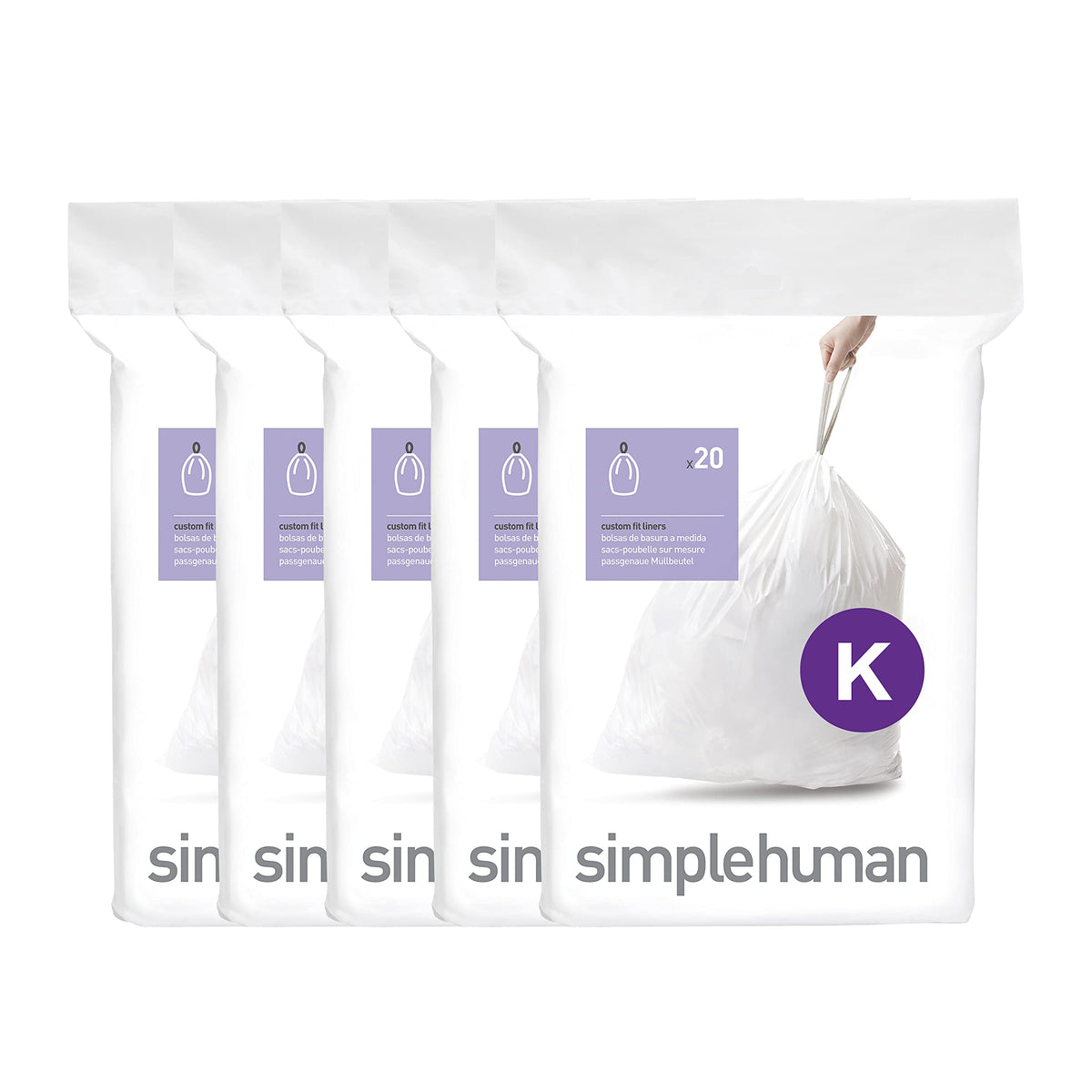simplehuman Code K 100 Count Custom Fit Liners, Drawstring Kitchen Trash Bags, One-by-One Mess-Free Dispense, Extra Thick & Double Seamed, 50% PCR Plastic, 30-45 Liter / 8-12 Gallon, White