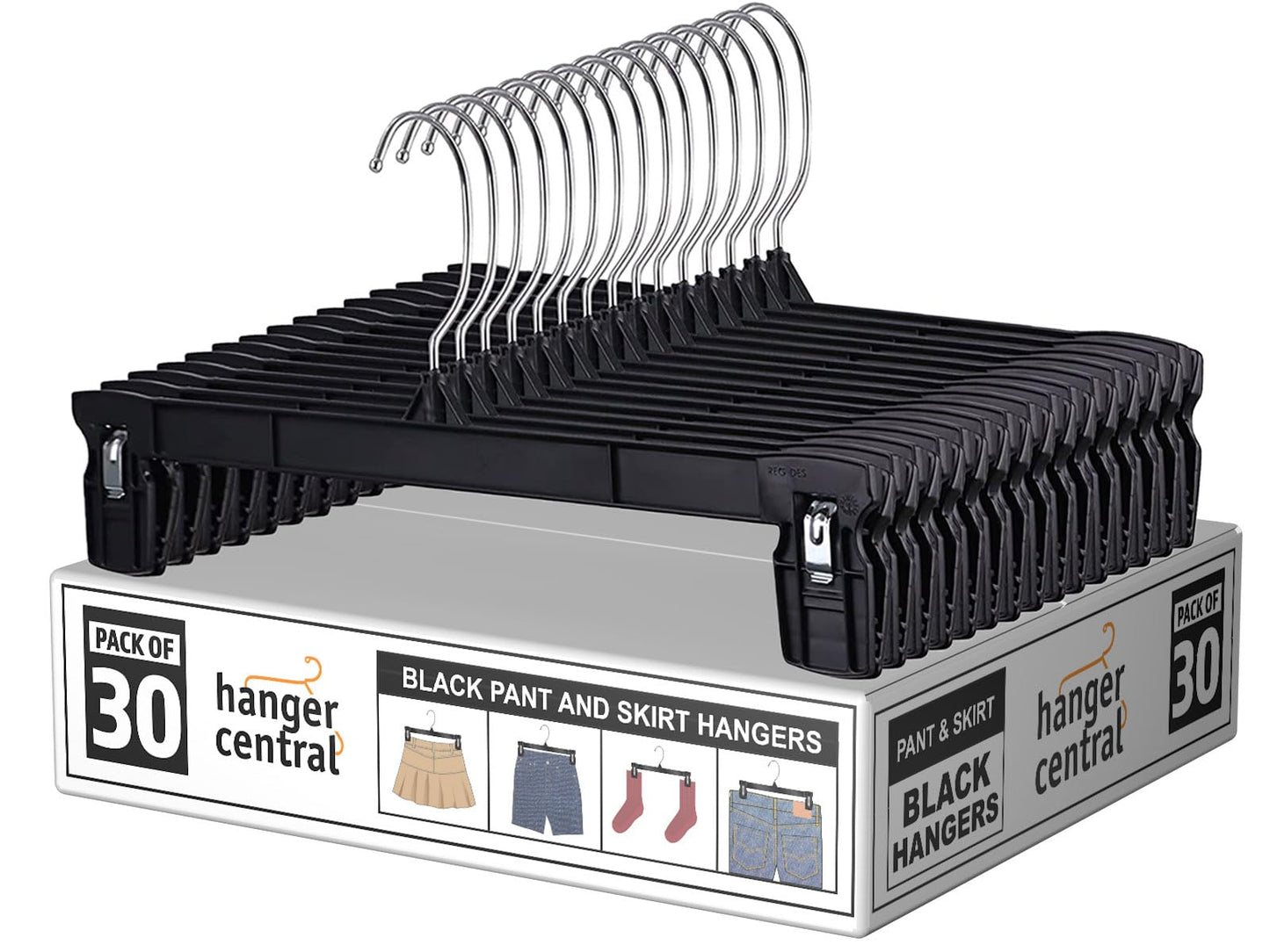 Hanger Central 30 Pack Pants Hangers – 12 Inch Slim Plastic Clothes Hangers with Clips for Skirts, Shorts & Trousers – Non Slip Grip, Heavy Duty Space Saver with Swivel Hook – Black Closet Organizer