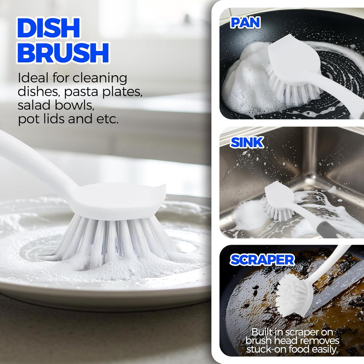 Holikme 6 Pack Dish Brush Set with Bottle Brush, Dish Scrub Brush, Pan Brush and 3 Straw Brushes, Deep Cleaning Handle Brush with Scraper Tip