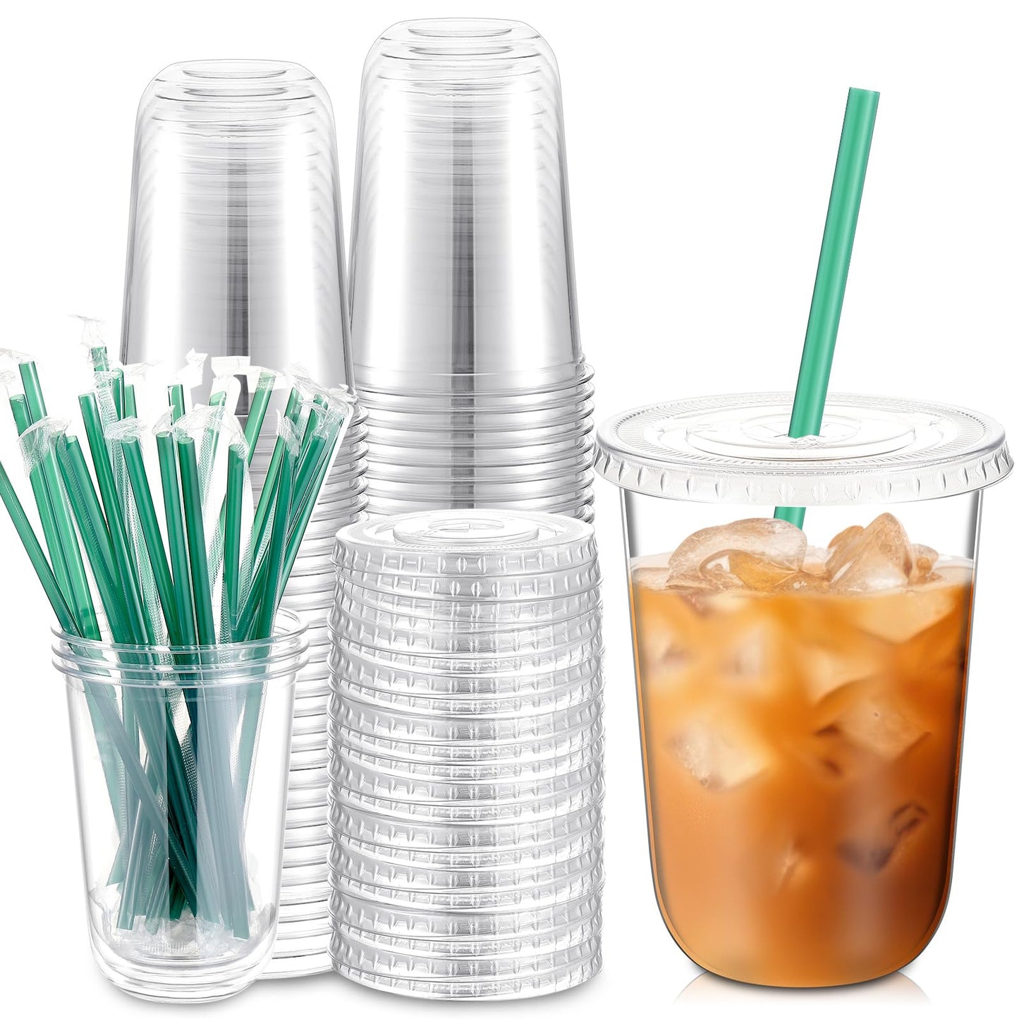 Baderke 25 Set Plastic Cups with Lids and Straws, Disposable Plastic Iced Coffee Cup for Cold Beverage Juice Smoothie Crystal for Coffee Shops Party Catering(Clear,16 oz)