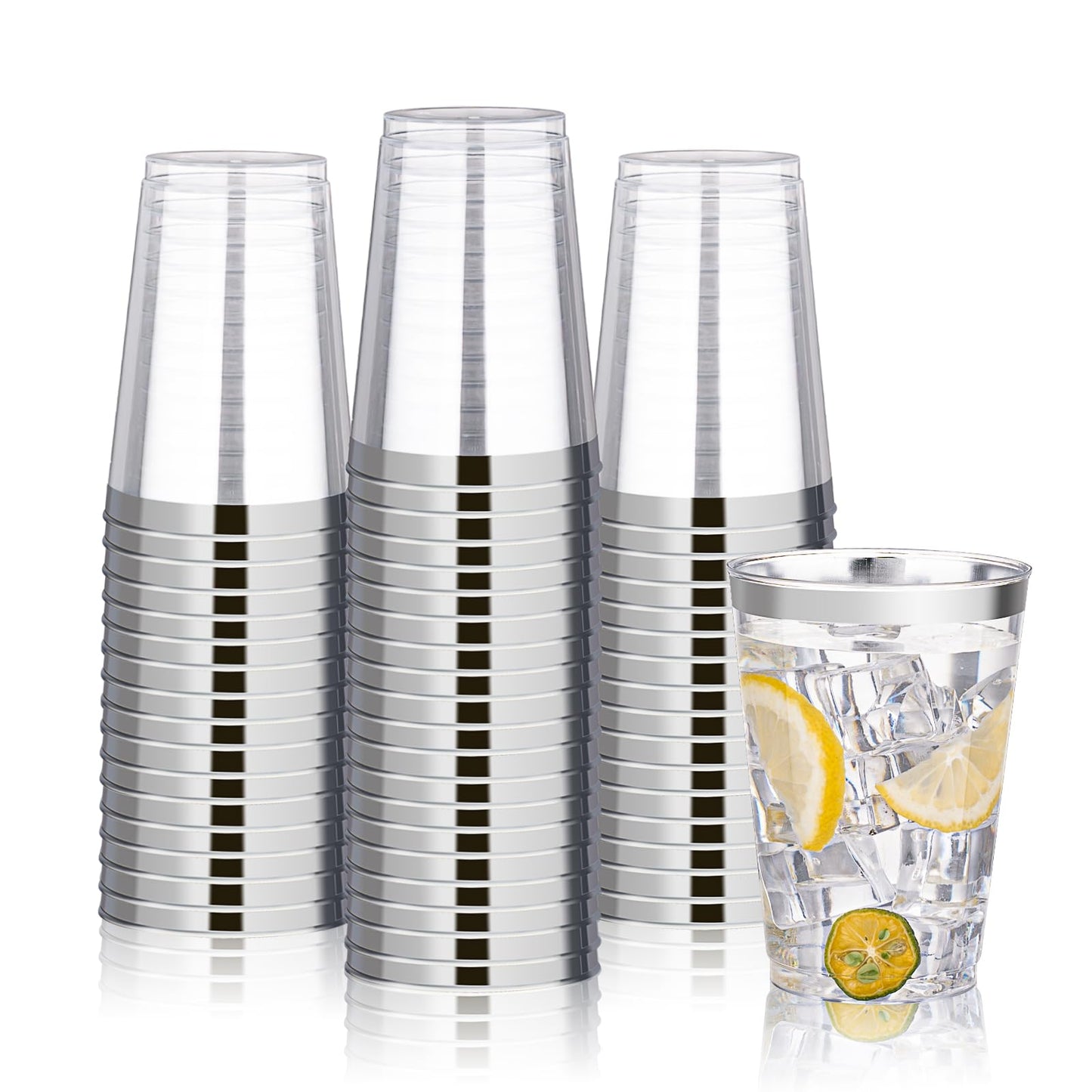 BESTVIP 12oz Silver Plastic Cups, 100 Pack Silver Rimmed Disposable Cups, Heavy-duty Party Cocktail Glasses for Christmas, Plastic Cups for Party, Holiday, Wedding and Birthday