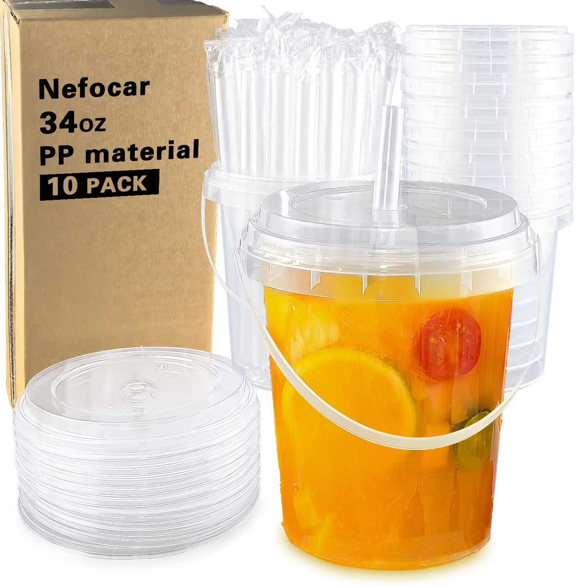 10 Pack 34oz Plastic Cups with Lids and Straws, Disposable Iced Coffee Cups with Lids,Sturdy & Food Safe Drink Buckets for Cold/Hot Drinks,Smoothies, Fruit Drinks Cups Summer Beverages,Bar/Beach Party