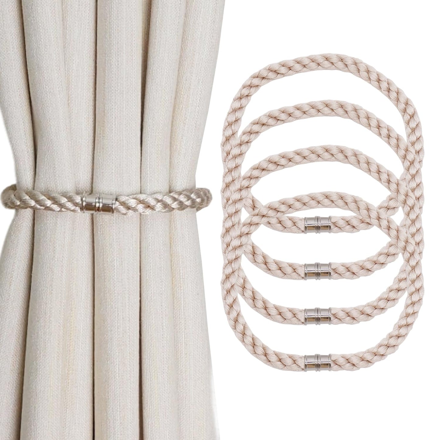 Magnetic Curtain Tiebacks, 4pcs Modern Handmade Rope Curtain Tie Backs Decorative Curtain Holdbacks Holders Cord for Window Sheer Drapes Indoor Outdoor, Beige