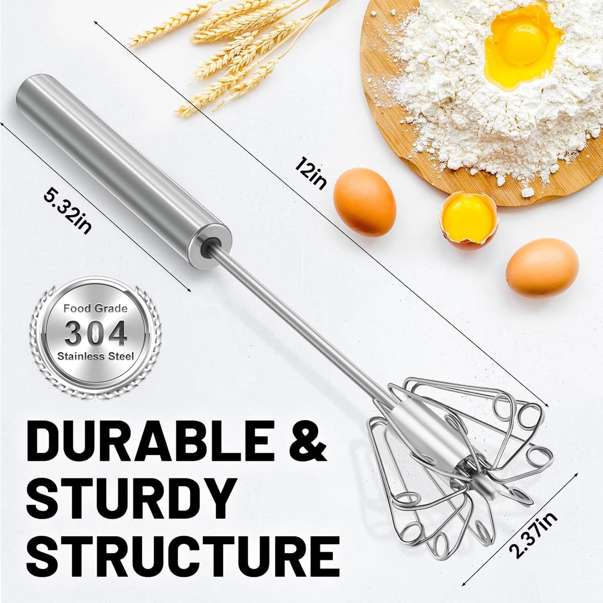 2026 Upgraded Semi-Automatic Stainless Steel Egg Beater – Hand Push Whisk for Baking, Cooking & Stirring – Perfect for Whisking Eggs, Batters & Creams – Effortless Mixing for Quick, Smooth (12in)