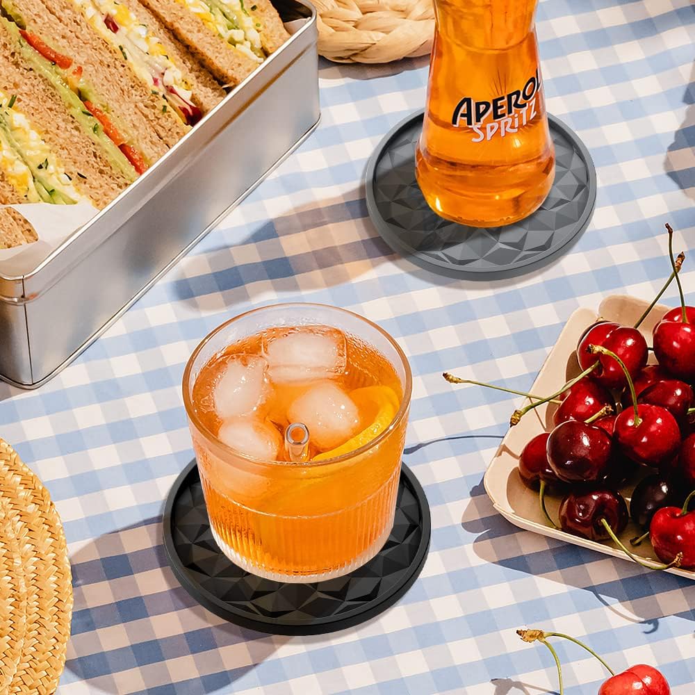 ME.FAN Silicone Coasters with Holder,6 Pack Drinking Coasters - Cup Mat for Hot or Cold Drinks, Thickened, Non-Slip, Non-Stick, Deep Tray Black