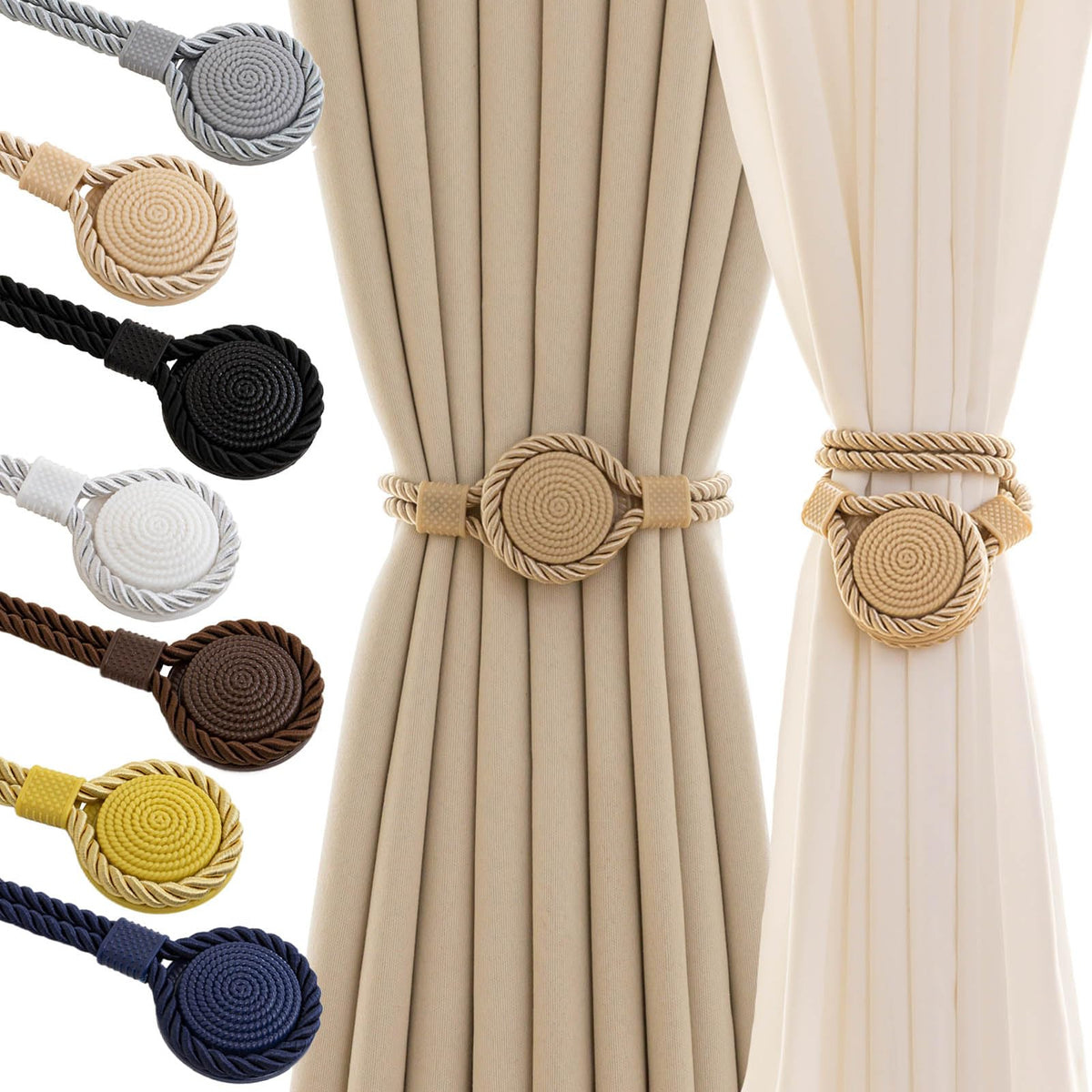 Curtain Tiebacks Magnetic Rope Curtain Tie Backs for Curtains 2 Pack Handmade Outdoor Window Curtain Holdbacks for Drapes, Beige