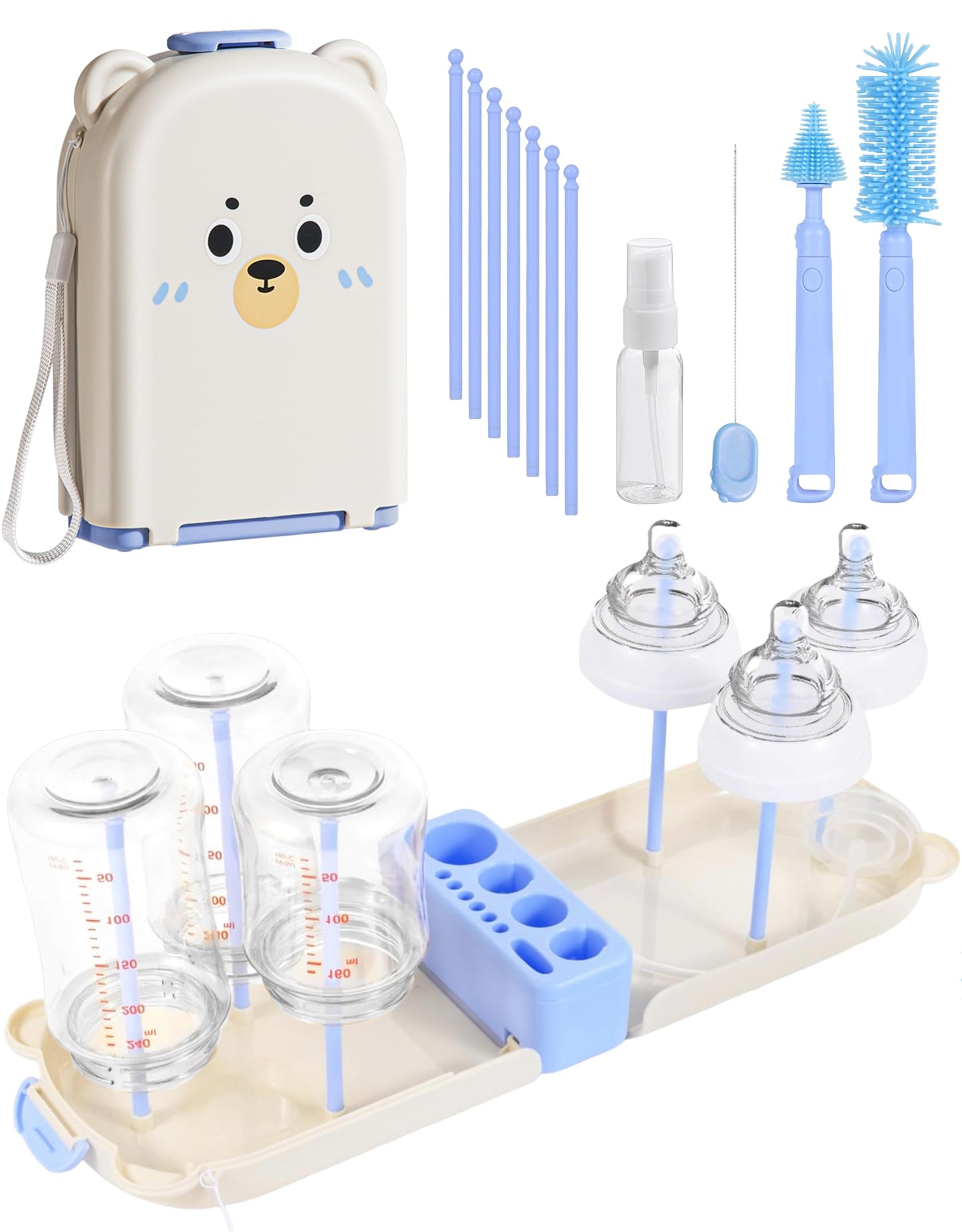 Travel Bottle Cleaner kit, 7in1 Baby Travel Gear Silicone Travel Bottle Brush Set Nipple Drying Rack, Straw Breast Pump Cleaning Soap Dispenser Organizer Case Mon Gift (Blue)