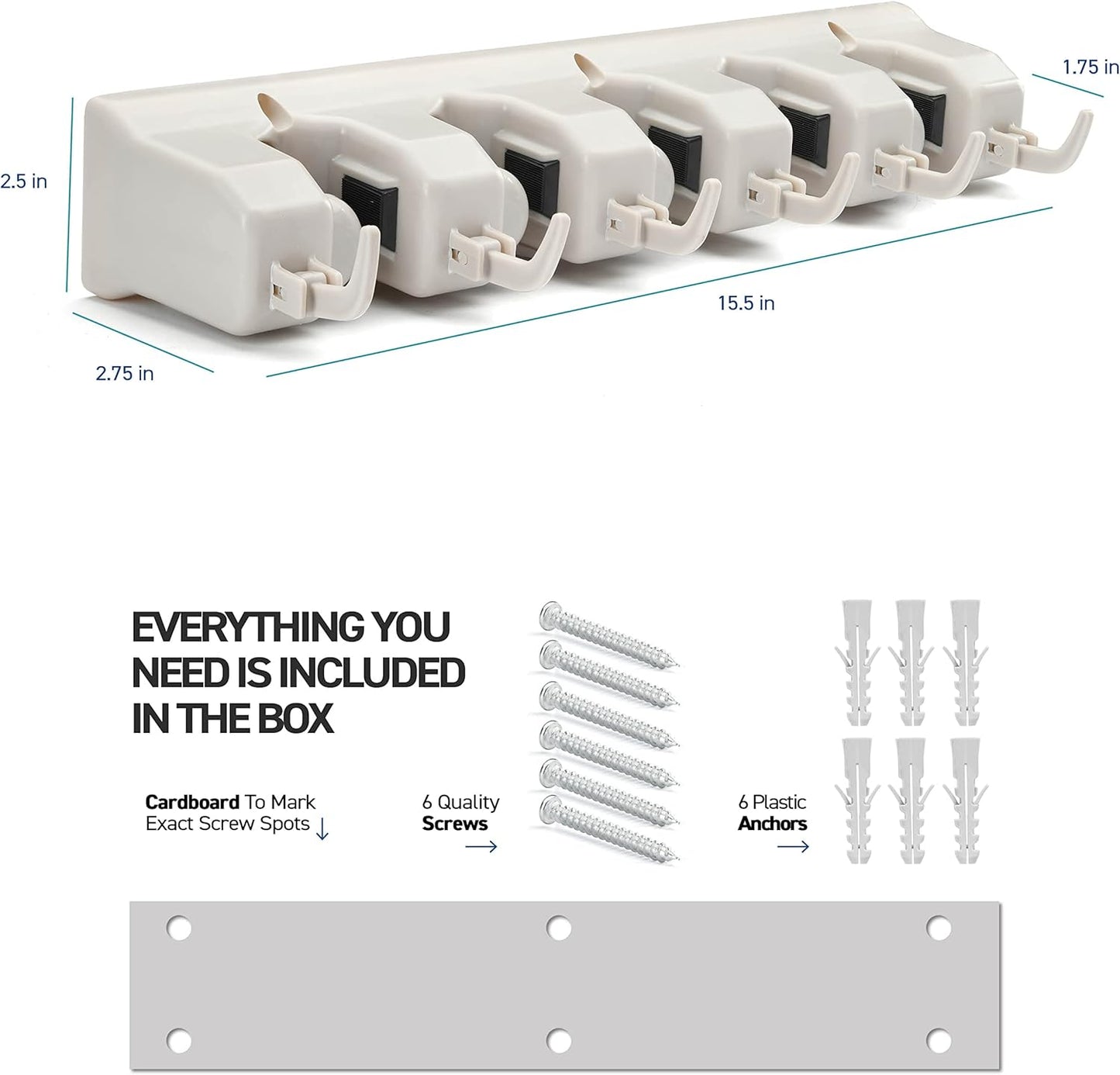 HOME IT Mop And Broom Holder Wall Mount - Garage Storage Systems with 5 Slots, 6 Hooks, 7.5lbs Capacity Per Slot - Garden Tool Organizer For Home, Kitchen, Closet, Garage, Laundry Room - Off-White