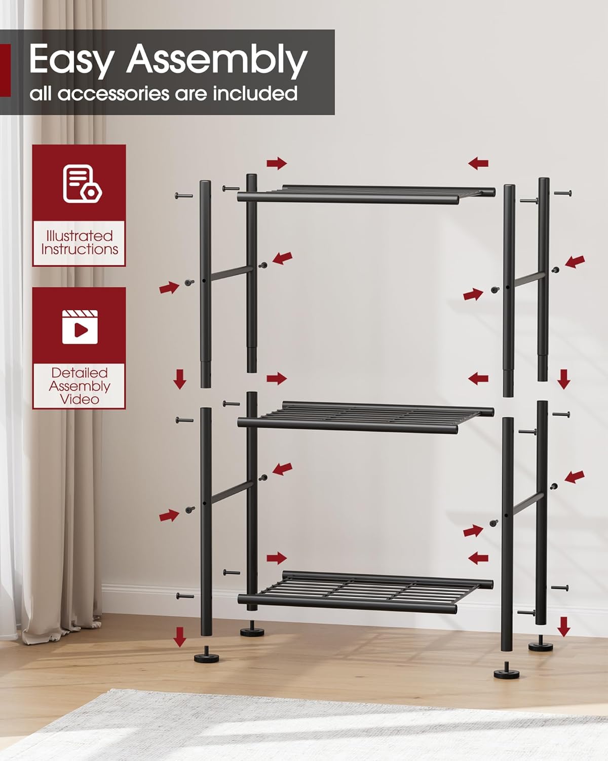 Storage Shelves - 3 Tier Shelf Organizer, Sturdy Metal Garage Shelving with Adjustable Leveling Feet, Space-Saving Shelves Organizer for Pantry, Laundry, Kitchen (18" x 12" x 30", Black)