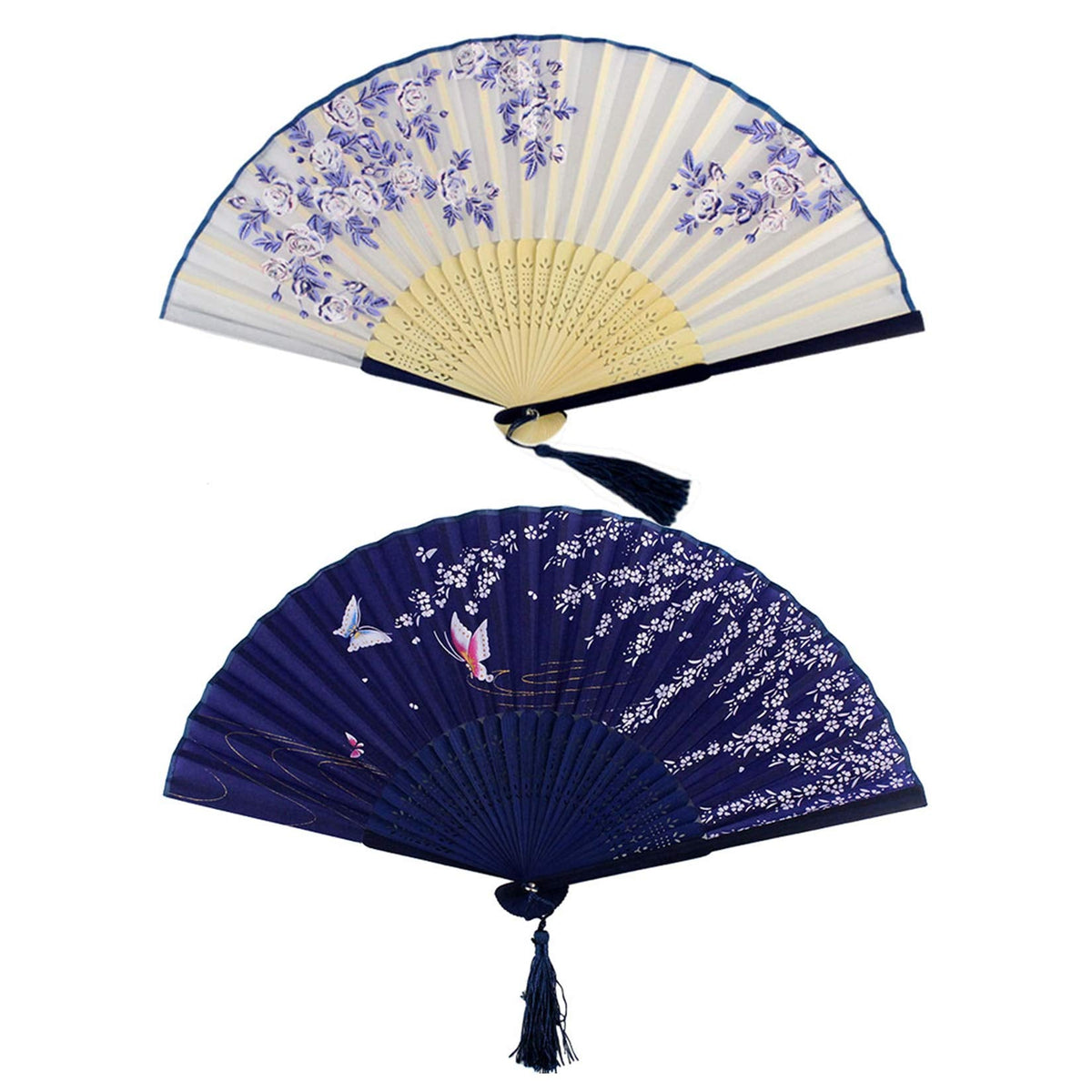 Bantoye 2 Pieces Handheld Fans, Silk Folding Fans with Bamboo Frames for Dancing Cosplay Wedding Party Props Decoration, White Blue