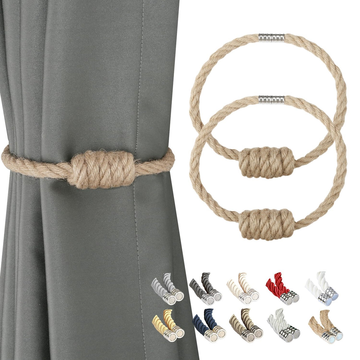 BEL AVENIR Magnetic Jute Curtain Tiebacks, Decorative Drapery Holdbacks Bohemian Style Woven Tie-Backs with Exquisite Knot (Jute, 2 Pack)