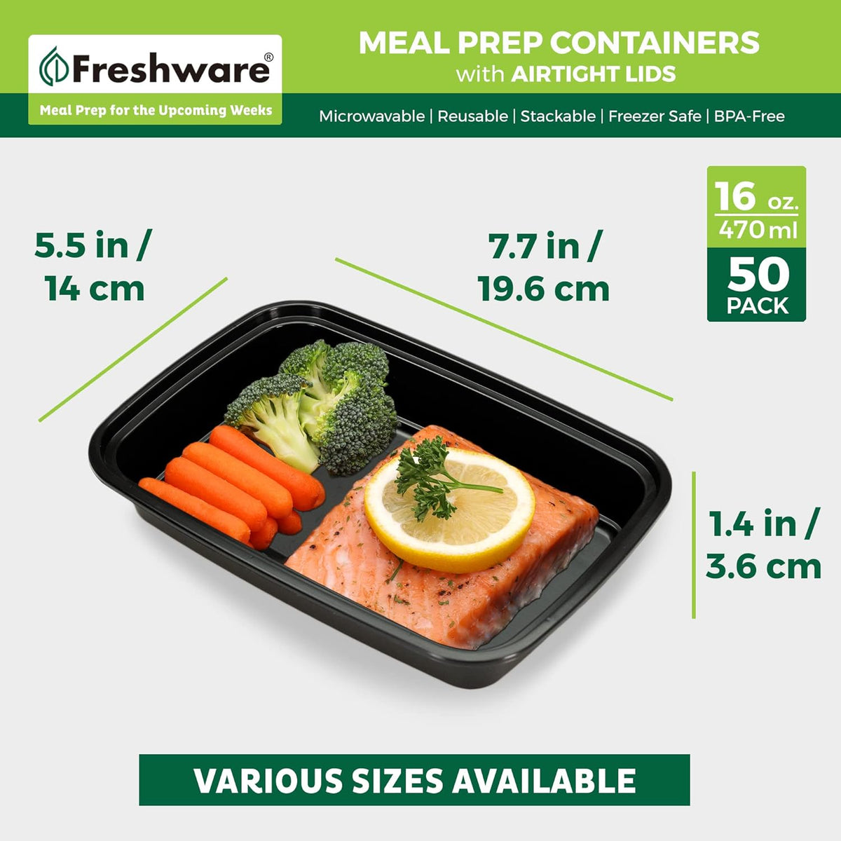 Freshware Meal Prep Containers 50 Pack 1 Compartment Food Storage Containers with Lids, Bento Box, BPA Free, Stackable