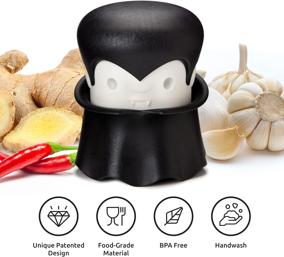 OTOTO Gracula Garlic Crusher, Garlic Mincer, Also for Ginger, Nuts, Chili, Herbs - Twist Top Mincer & Easy Squeeze Manual Press Peeler, Goth Gifts