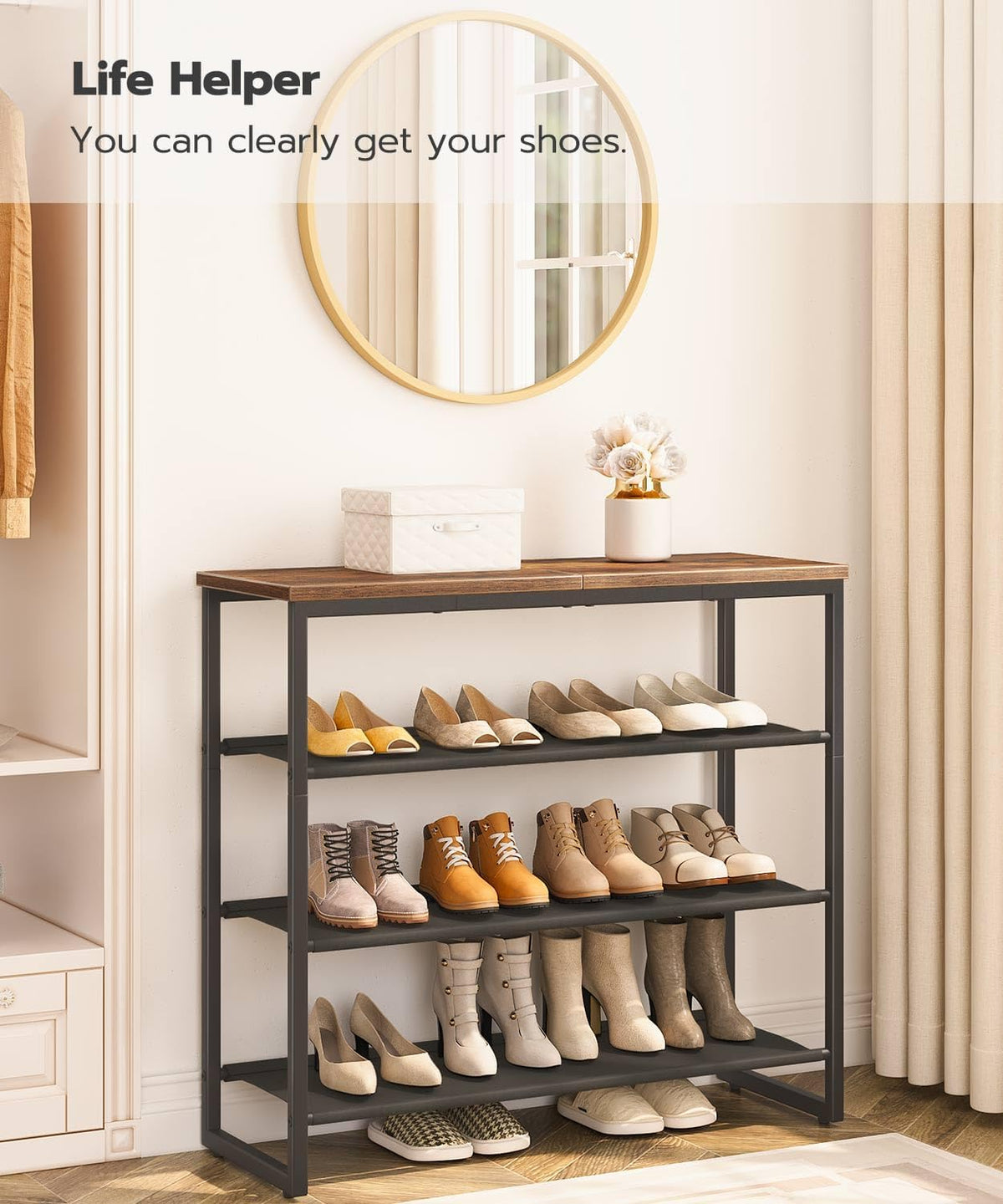 HOOBRO Shoe Rack, 4 Tier Shoe Storage Organizer with 3 Oxford Fabric Shelves and Top Panel, Holds 12-16 Pairs of Shoes for Entryway and Closet, Industrial, Rustic Brown BF47XJ01G1