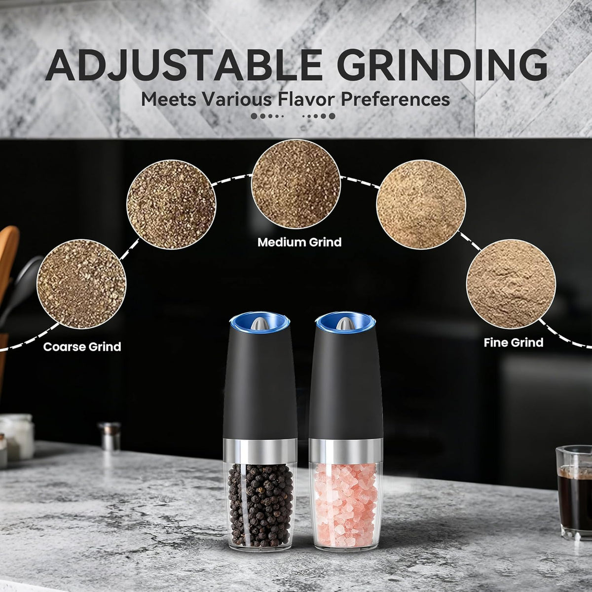 Gravity Electric Salt and Pepper Grinder set of 2, Automatic Salt And Pepper Grinder Set, Adjustable Roughness, Battery Powered, LED Light, 2 Pack, (Black)