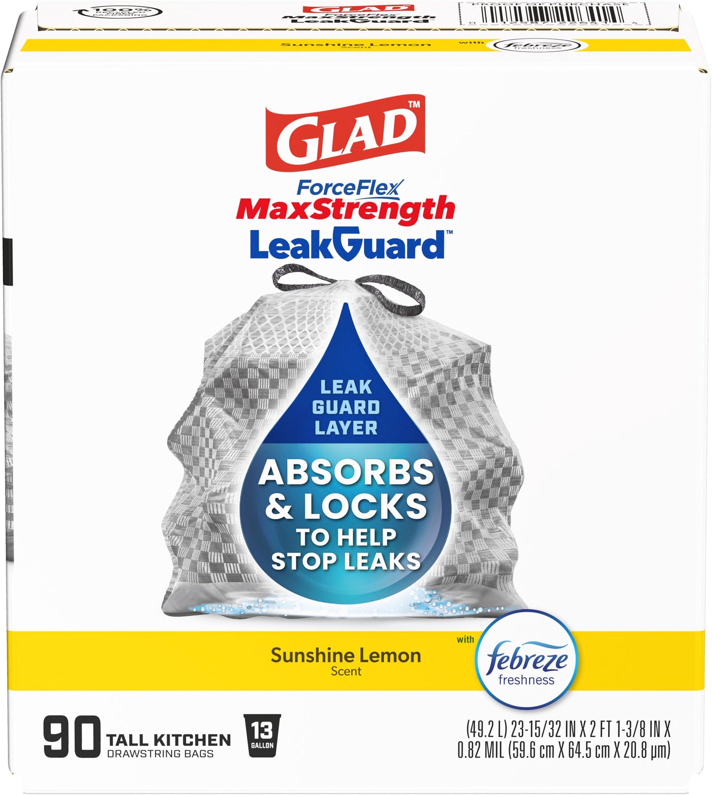 Glad ForceFlex MaxStrength LeakGuard Trash Bags, 13 Gal, Sunshine Lemon Scent, 90 Ct (Pack May Vary)