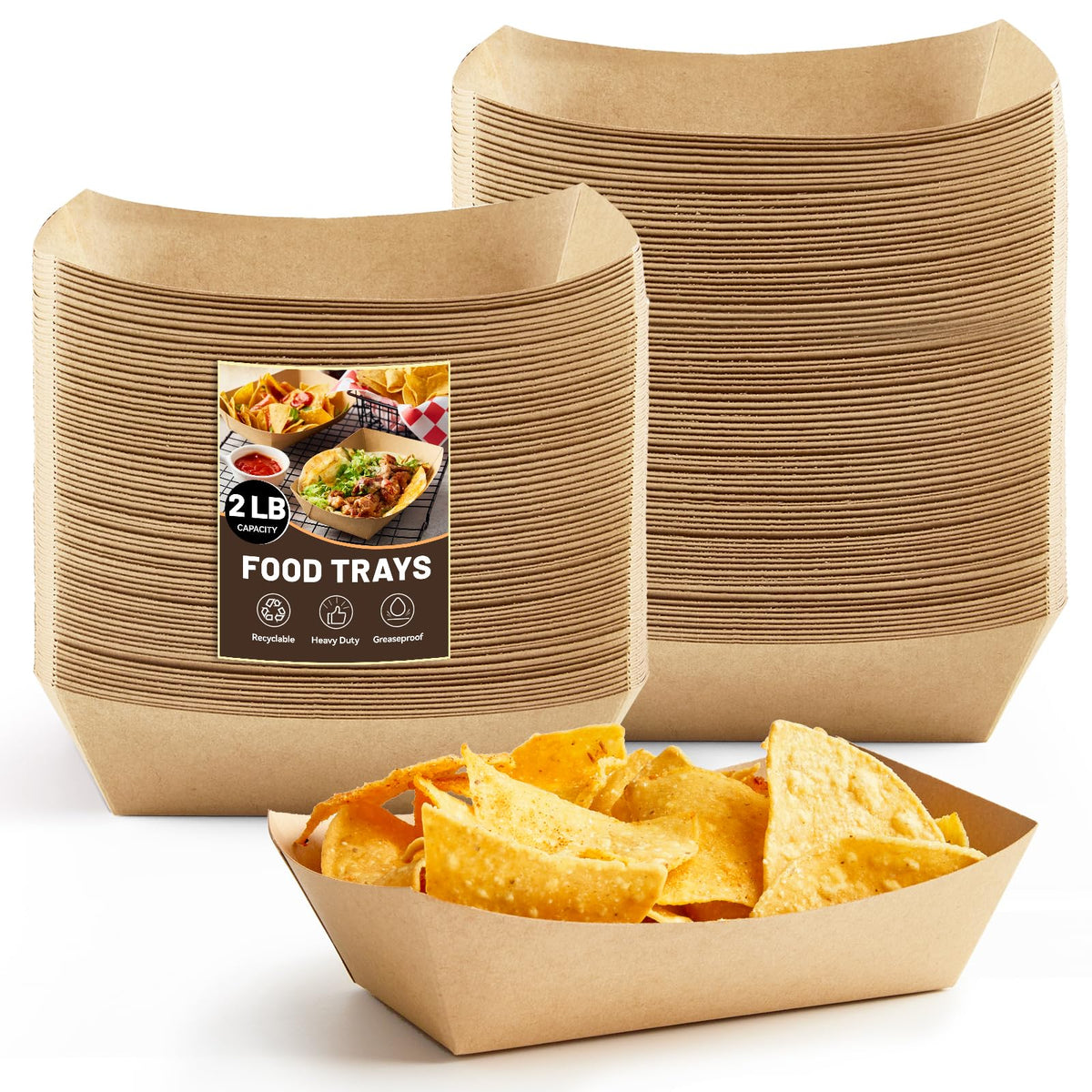 ZORRITA 2 Lb Paper Food Trays - 100 Pack Disposable Nacho Trays Brown Food Boats Take Out Basket Holders for Serving Party Snacks Hot Dogs Tacos Fries