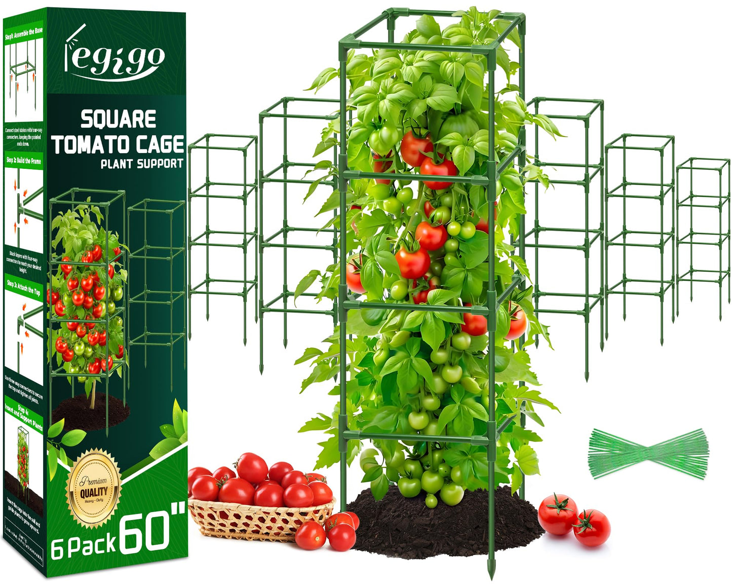 Legigo 6 Pack Square Tomato Cages- 60 Inch Heavy Duty Tomato Trellis for Climbing Plants Outdoor, Tomato Plant Support Stakes Cage Garden Trellis for Garden Raised Garden Bed Cucumbers Vegetables