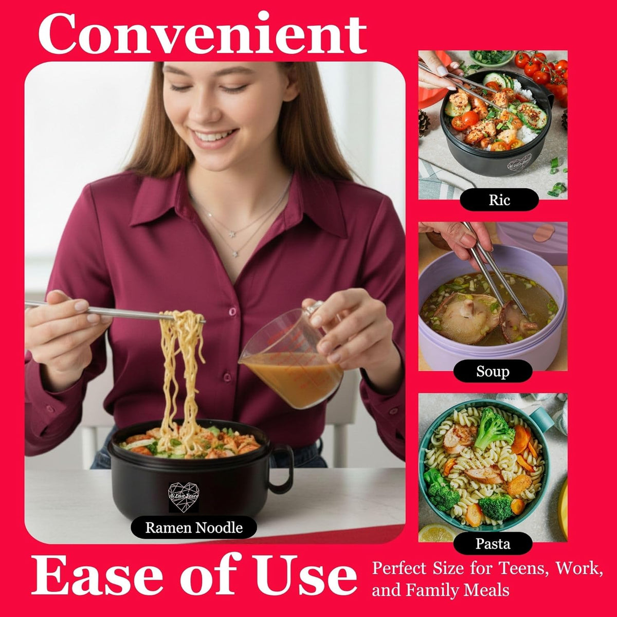 AI LOVE PEACE Microwaveable Ramen Noodle Bowl Cooker 40oz for Ramen, Rice, Pho, Soup, and Pasta, Dishwasher Safe and Portable, Ideal for Home, Office, Dorm, or Gift (Red)