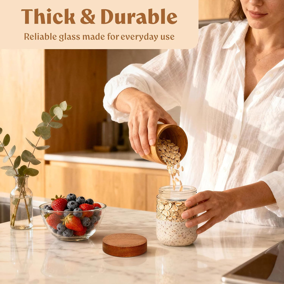 Overnight Oats Containers with Lids Acacia (4 x 16oz) Glass Jars for Oatmeal, Meal Prep, Food Storage| Leak-Proof Mason Jars for Oats, Cereal