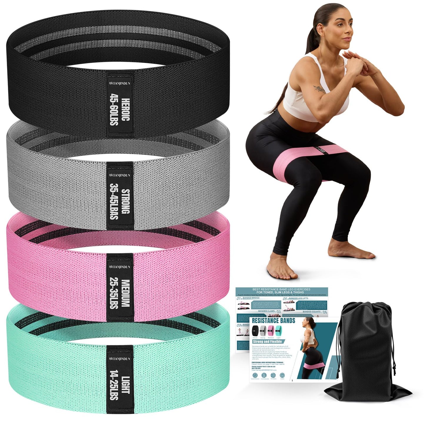 Resistance Bands for Working Out with Guide, 4 Workout Bands for Women & Men, Fabric Exercise Bands for Legs, Hip, Glute, Butt, Booty Bands Set for Yoga, Pilates, Strength