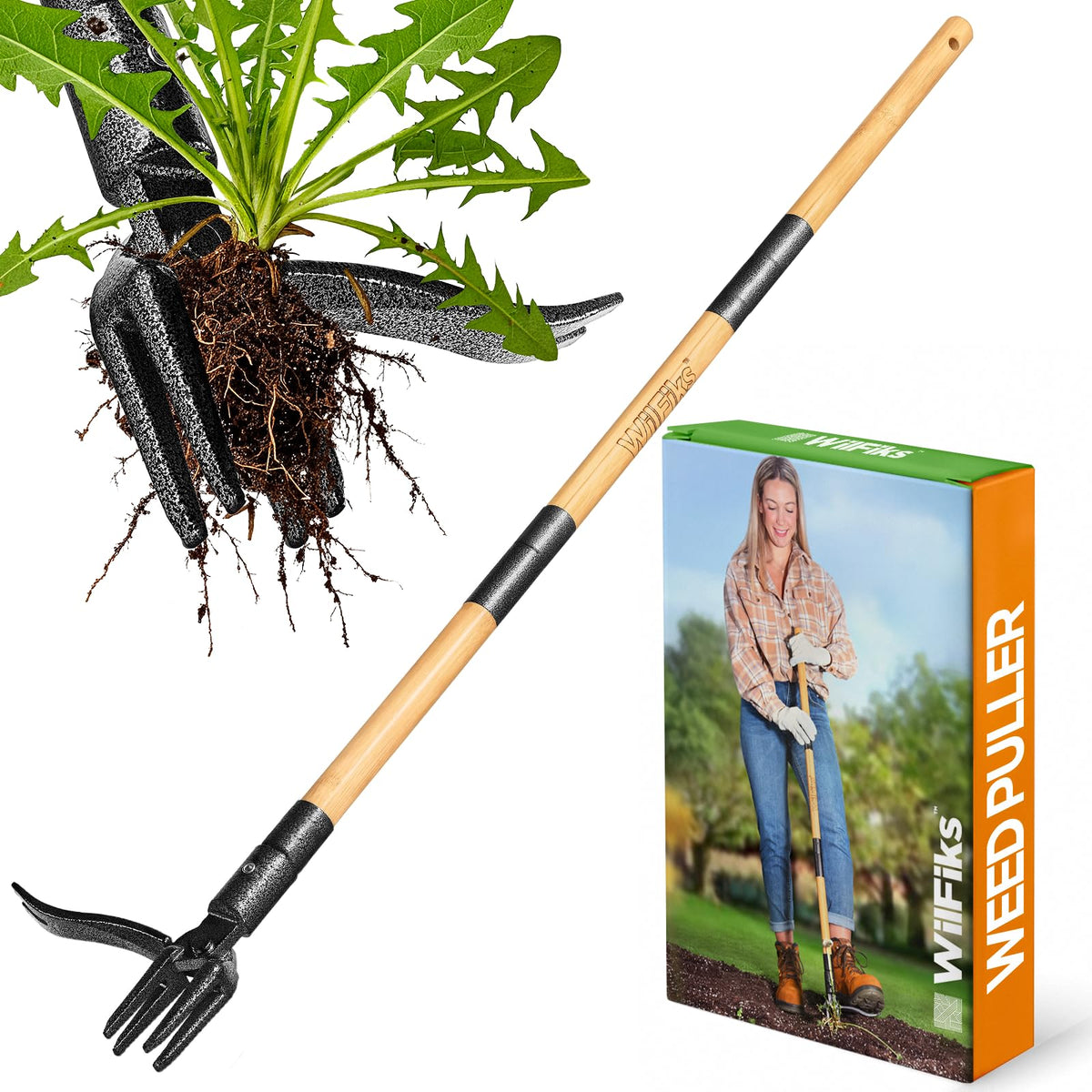 Weed Puller Tool, Stand Up Heavy Duty Weed Remover Tool with Long Handle , Foot Platform Design - 4 Claw Steel Head Weeder Tool, Bamboo Garden Hand Weeding Tool, Smoothly Remove Weeds Without Kneeling