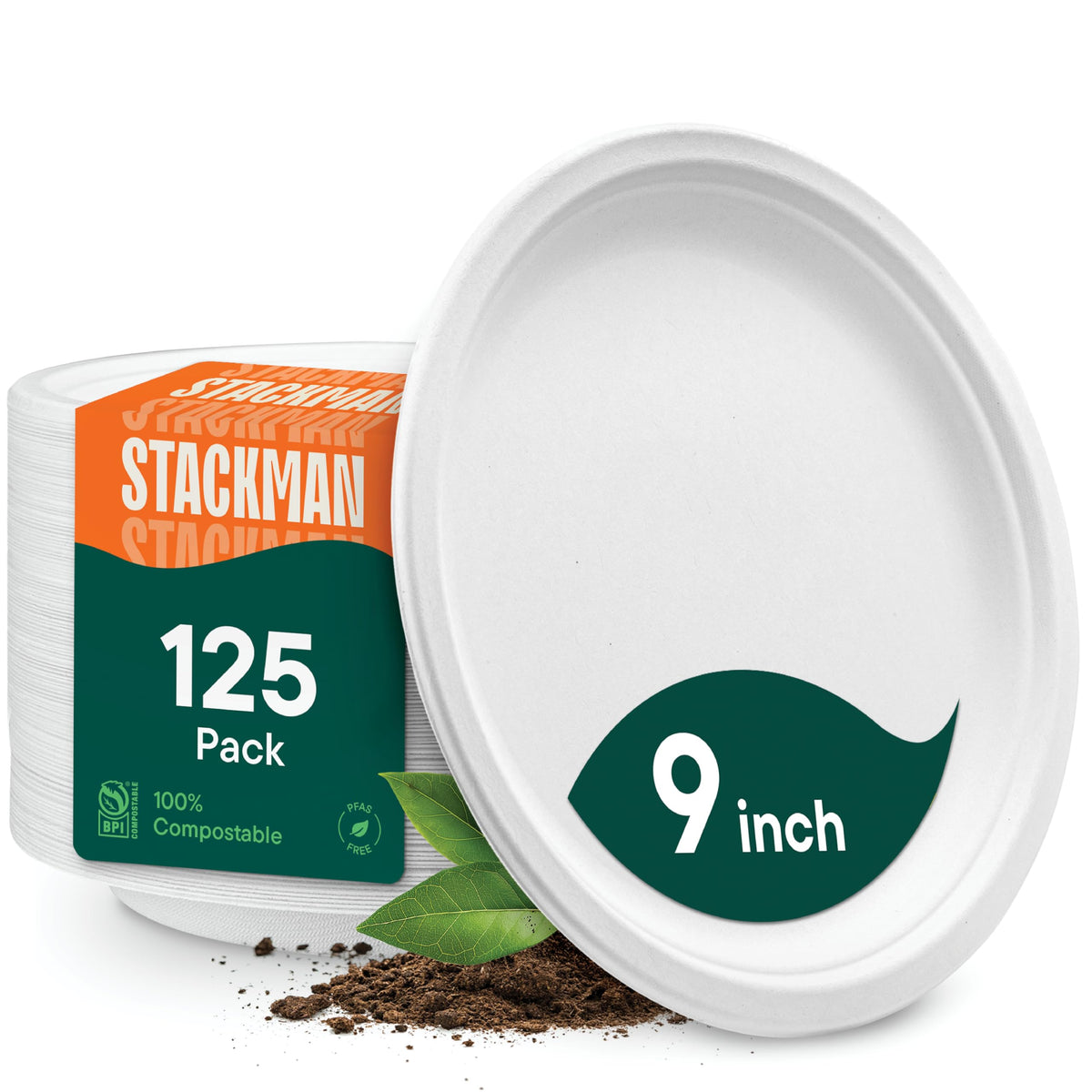 100% Compostable Paper Plates, Heavy Duty Disposable Plates 125-Pack 9 Inch Plates - Eco-Friendly, Biodegradable Sugarcane Bagasse - White Sturdy