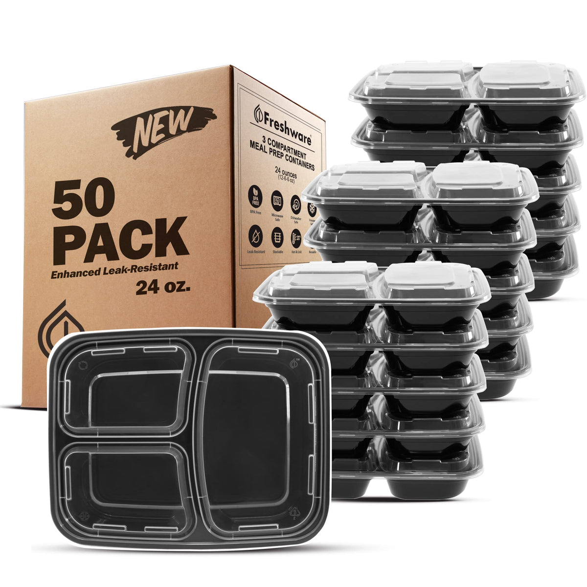 Freshware Meal Prep Containers 50 Pack 3 Compartment Food Storage Containers with Lids, Bento Box, BPA Free, Stackable
